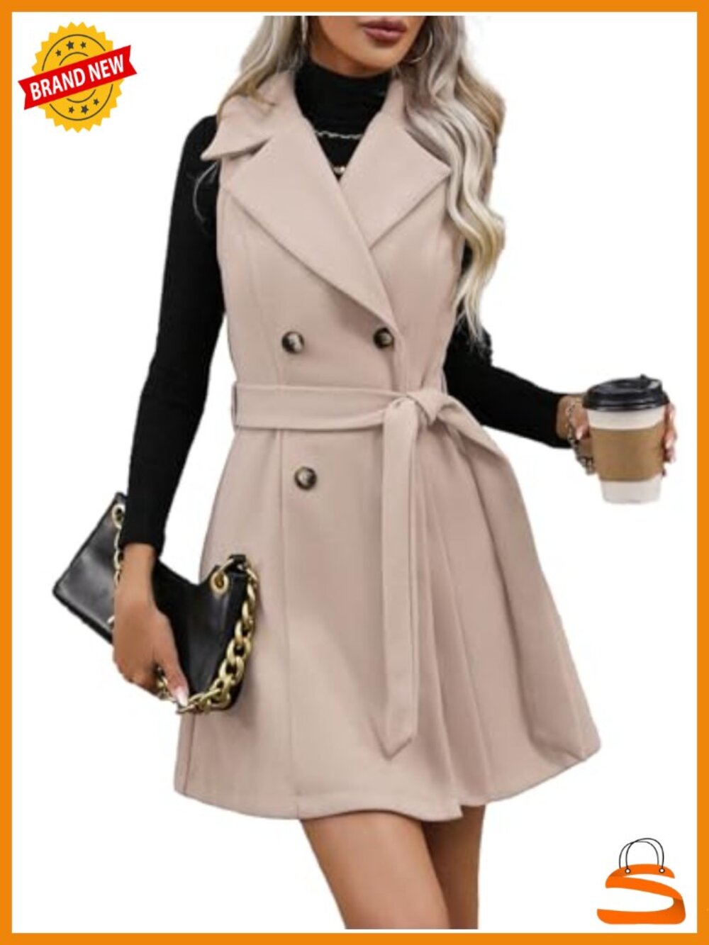 Sleeveless Wool Blazer Vest Double Breasted Trench Coat with Belt